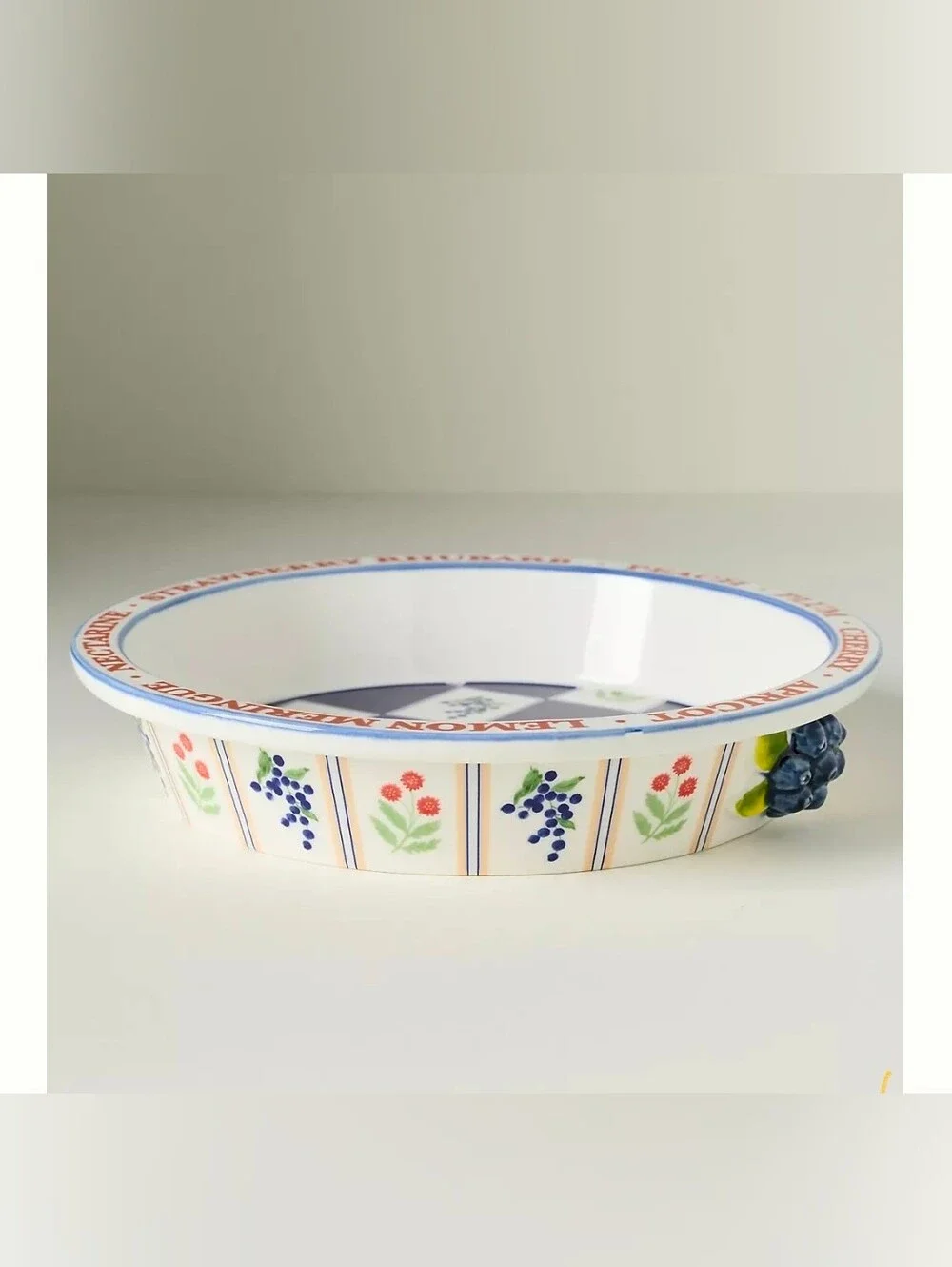 Fruit Border Ceramic Pie Dish- Blue, White, Red, Green